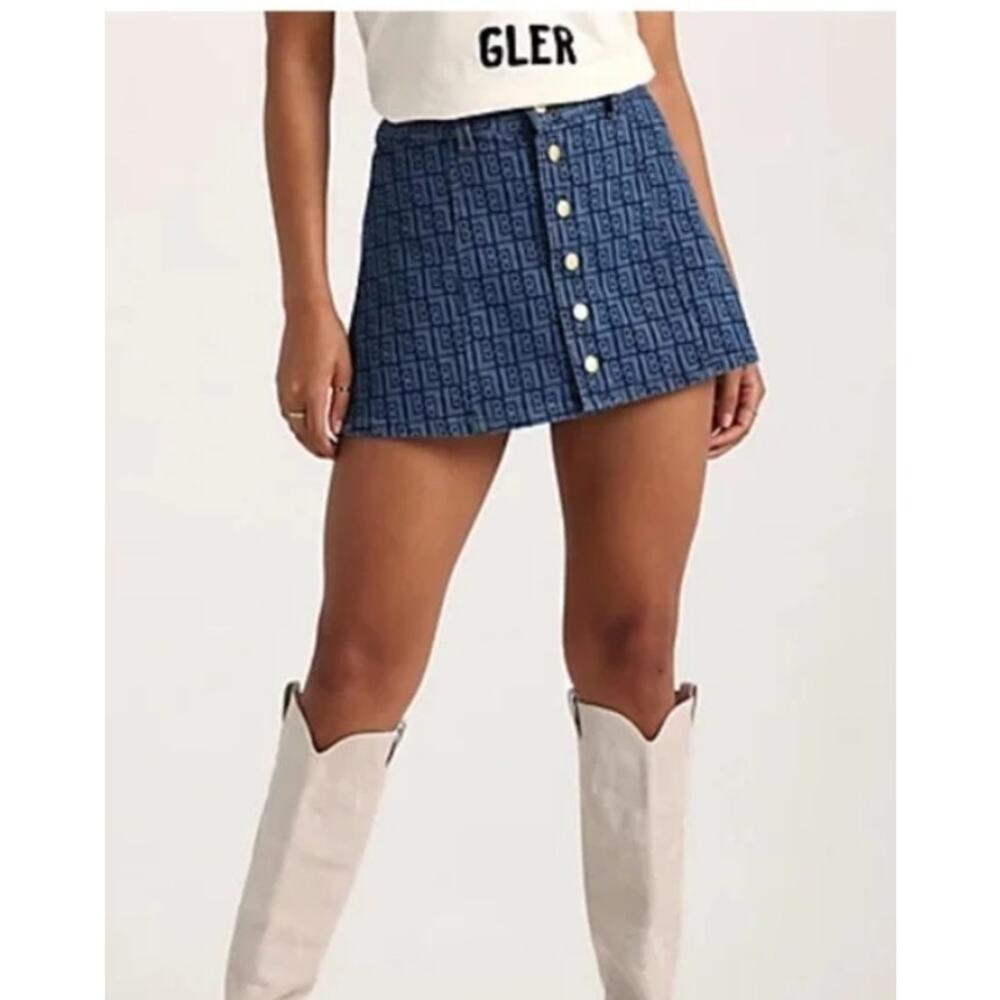Wrangler X LEON BRIDGES LASER monogram button blue denim mini SKIRT XL NWT